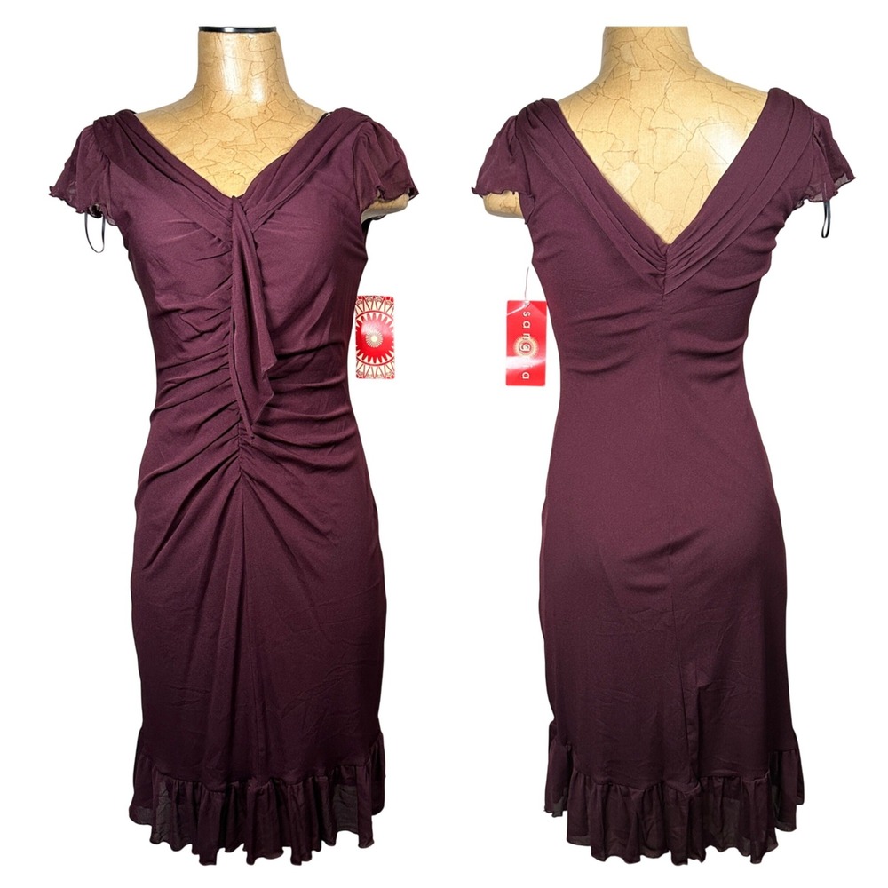 Whimsigoth Plum Vamp Romantic Ruched Mesh Ruffle Hem Cocktail Dress Size 8 NWT